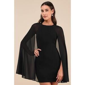 Captivating Drama Black Cape Sleeve Mini Dress